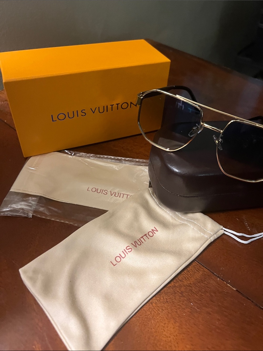 Designer Men’s Gold Frame Sunglasses with Black Lenses and Brown Case
